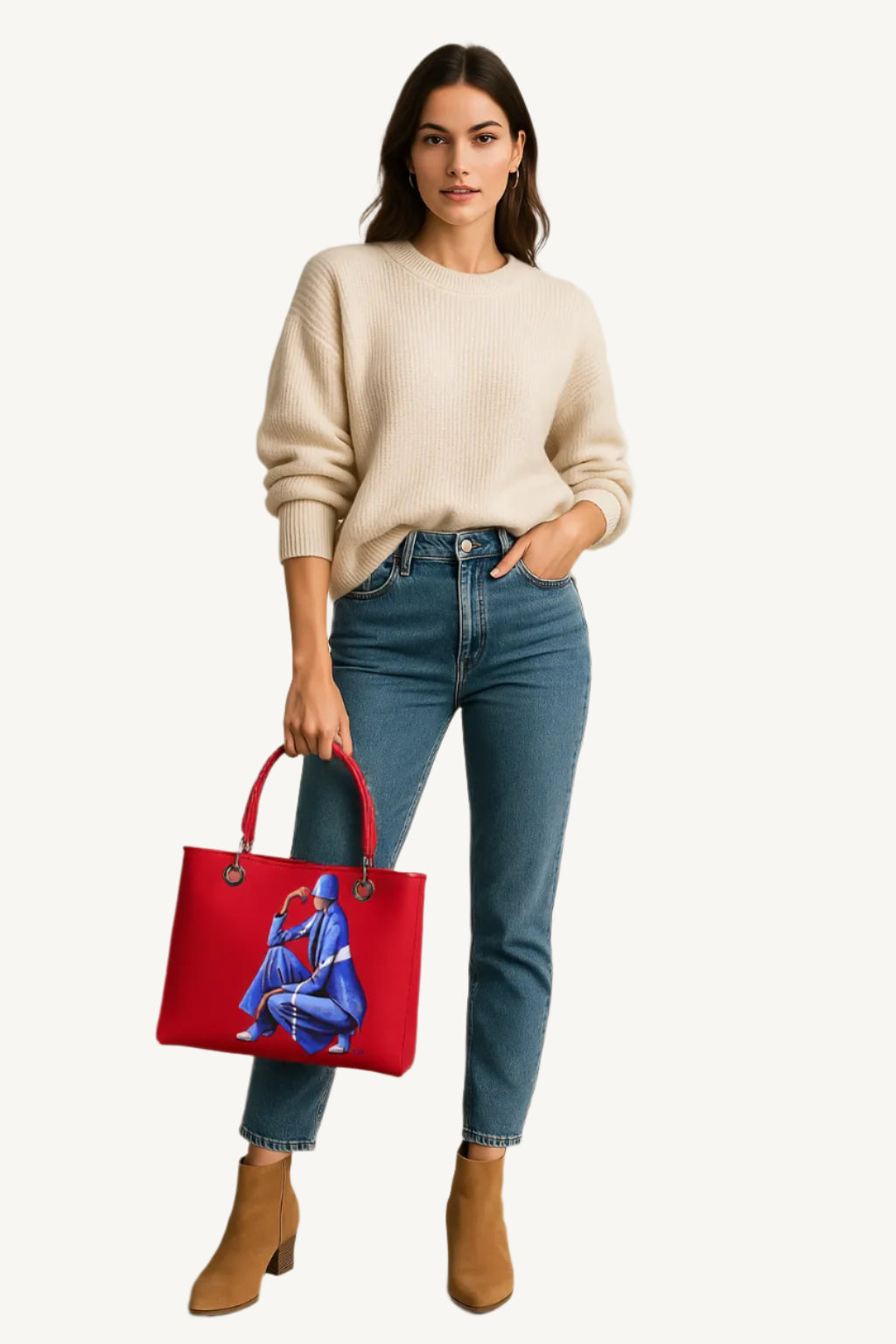 Woman holding a red handbag with a blue design against a beige background
