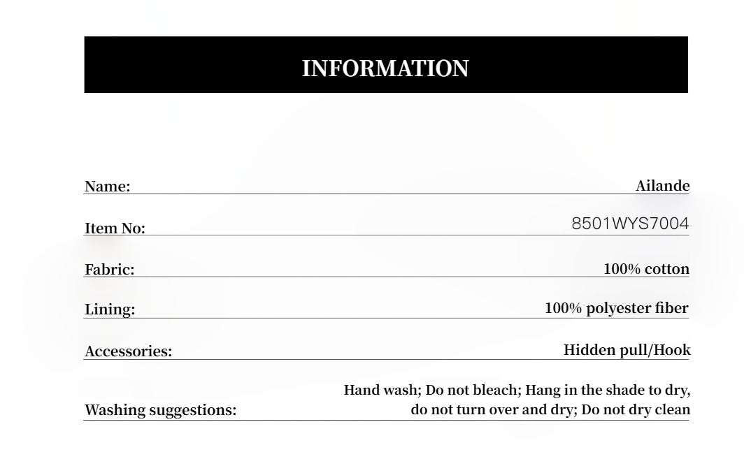 Product information card for Ailande with details on fabric, lining, accessories, and washing instructions.