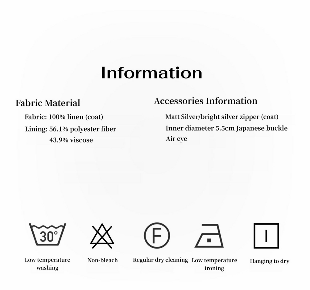 Fabric and accessory information with icons for care instructions on a white background