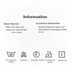 Fabric and accessory information with icons for care instructions on a white background