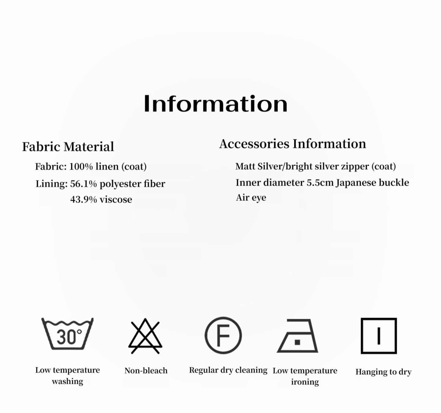 Fabric and accessory information with icons for care instructions on a white background
