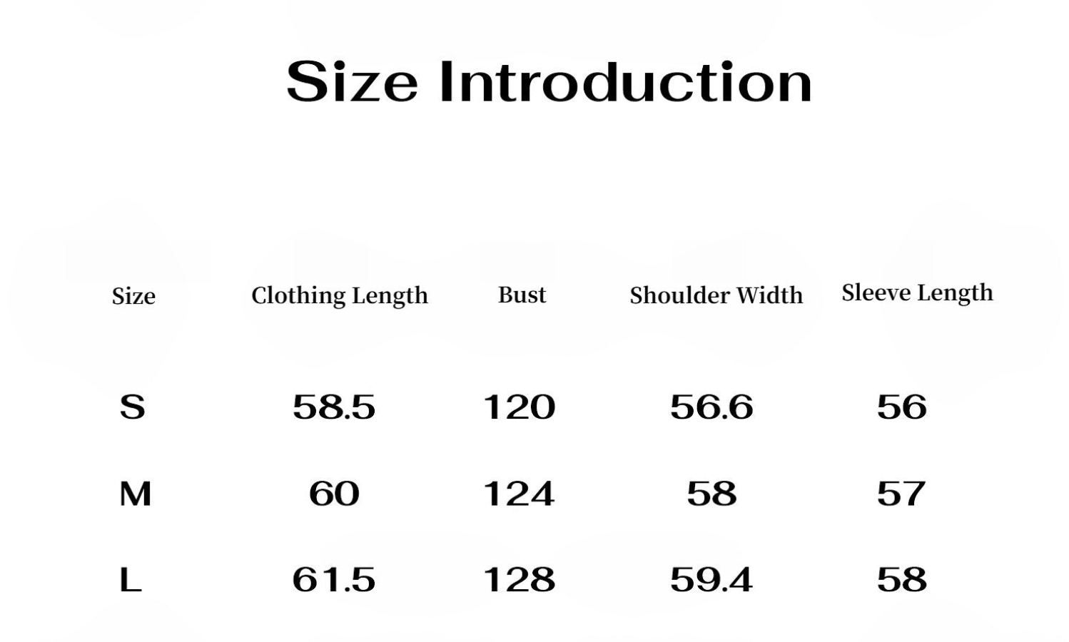 Size introduction chart with clothing measurements for S, M, and L sizes.