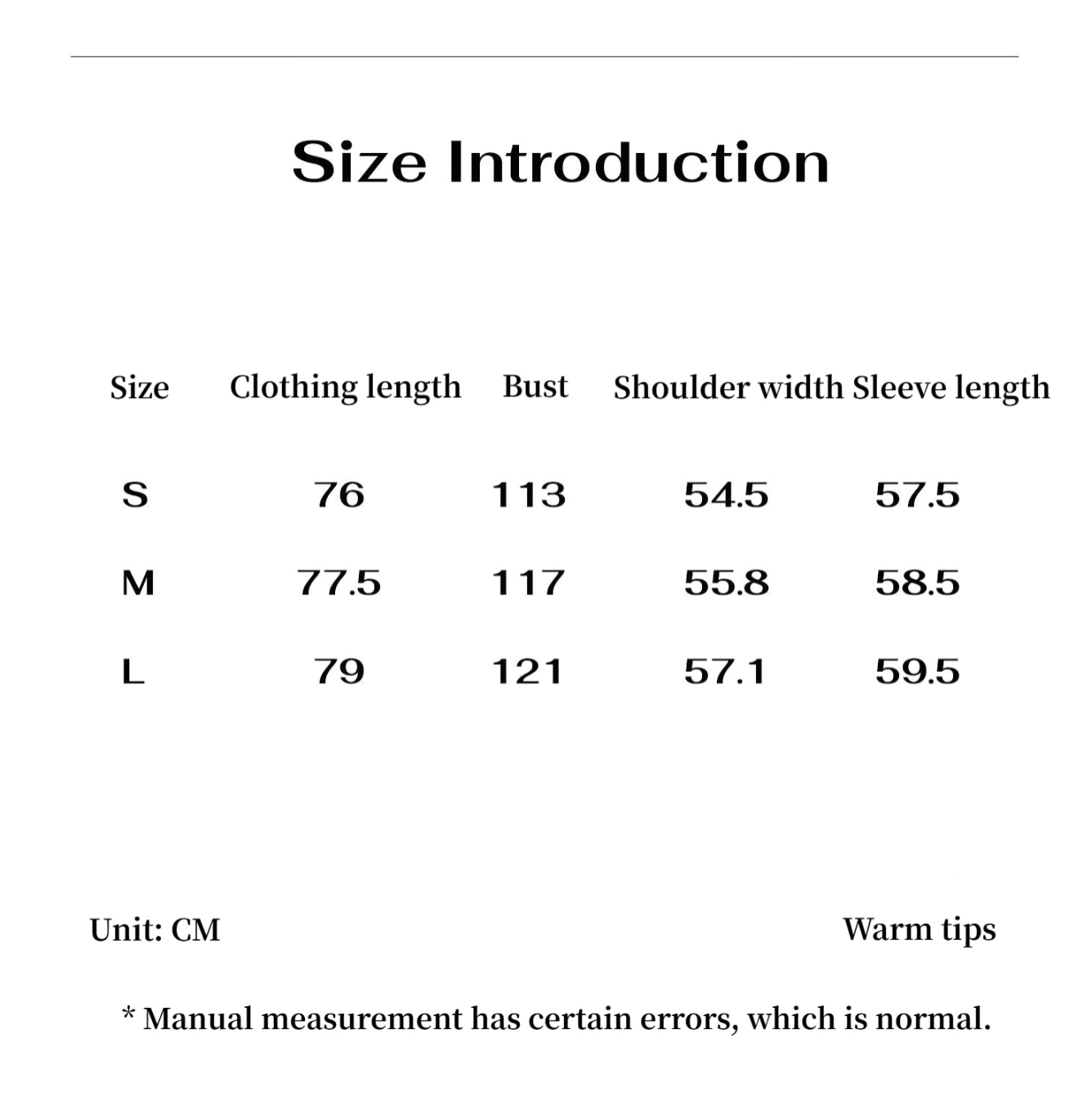 Size introduction chart with clothing measurements in centimeters