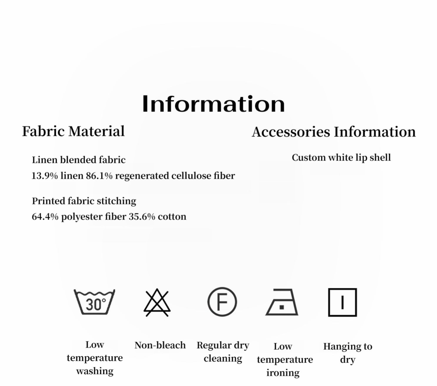 Fabric material and accessories information with symbols for care instructions on a white background