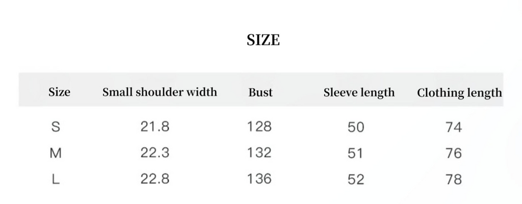 Table displaying size chart for clothing measurements including small shoulder width, bust, sleeve length, and clothing length.