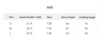 Table displaying size chart for clothing measurements including small shoulder width, bust, sleeve length, and clothing length.