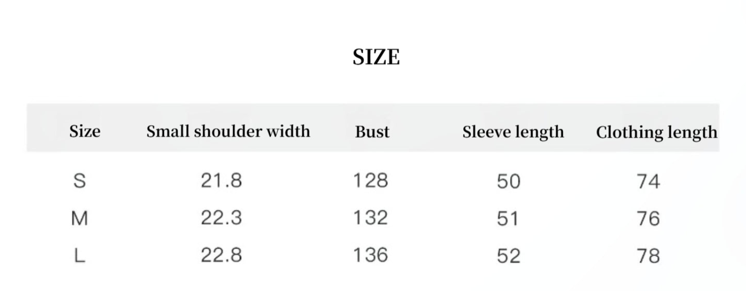 Table displaying size chart for clothing measurements including small shoulder width, bust, sleeve length, and clothing length.