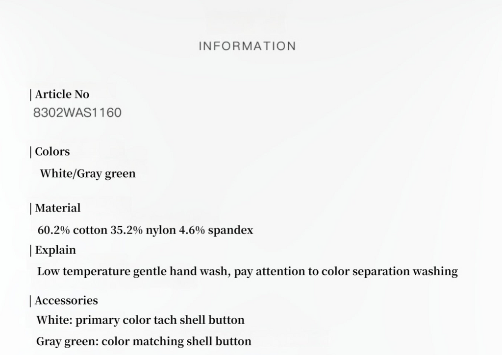 Product information sheet with details on material, color, and care instructions.