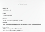Product information sheet with details on material, color, and care instructions.