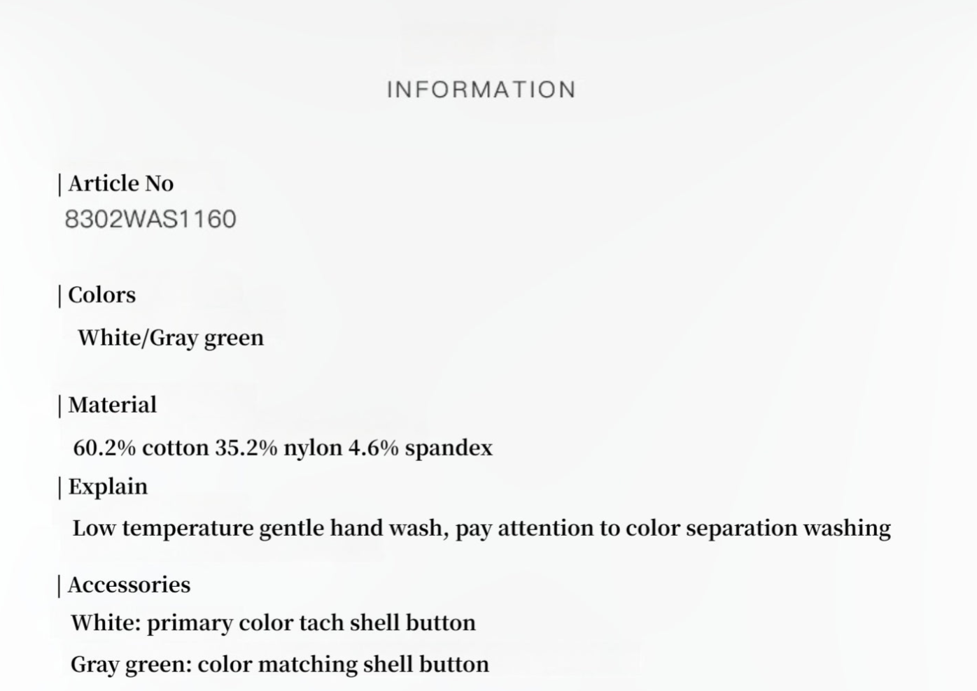 Product information sheet with details on material, color, and care instructions.
