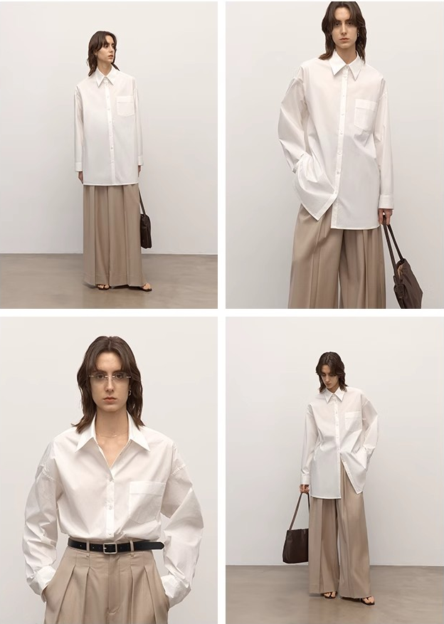 Four panel grid showing a person wearing a white shirt and beige pants in different poses.
