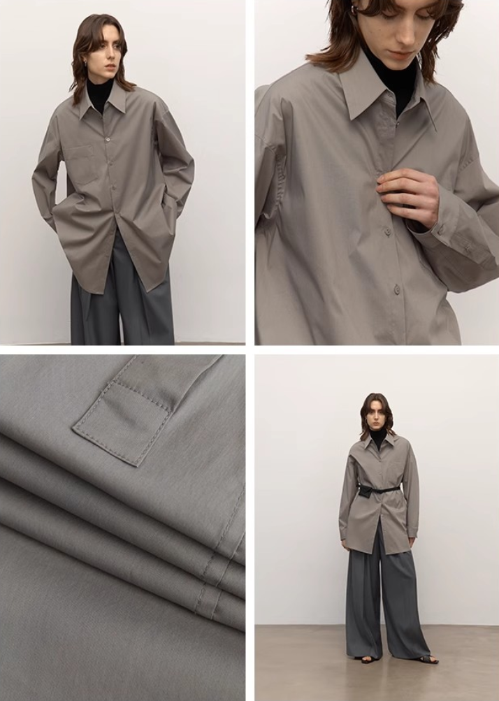 Collage of a person wearing a gray coat with close-up details on fabric and outfit.