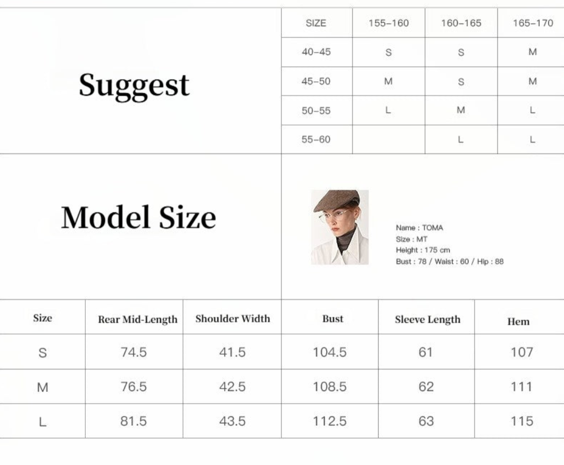 Size chart for clothing with a model image and measurements