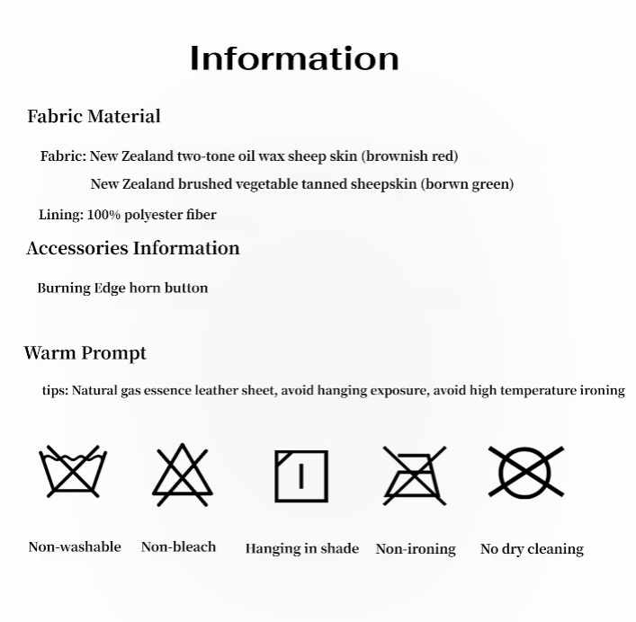 Product information sheet with fabric material details, accessories, and care instructions.