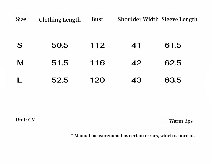Size chart with clothing measurements in centimeters for S, M, and L sizes.