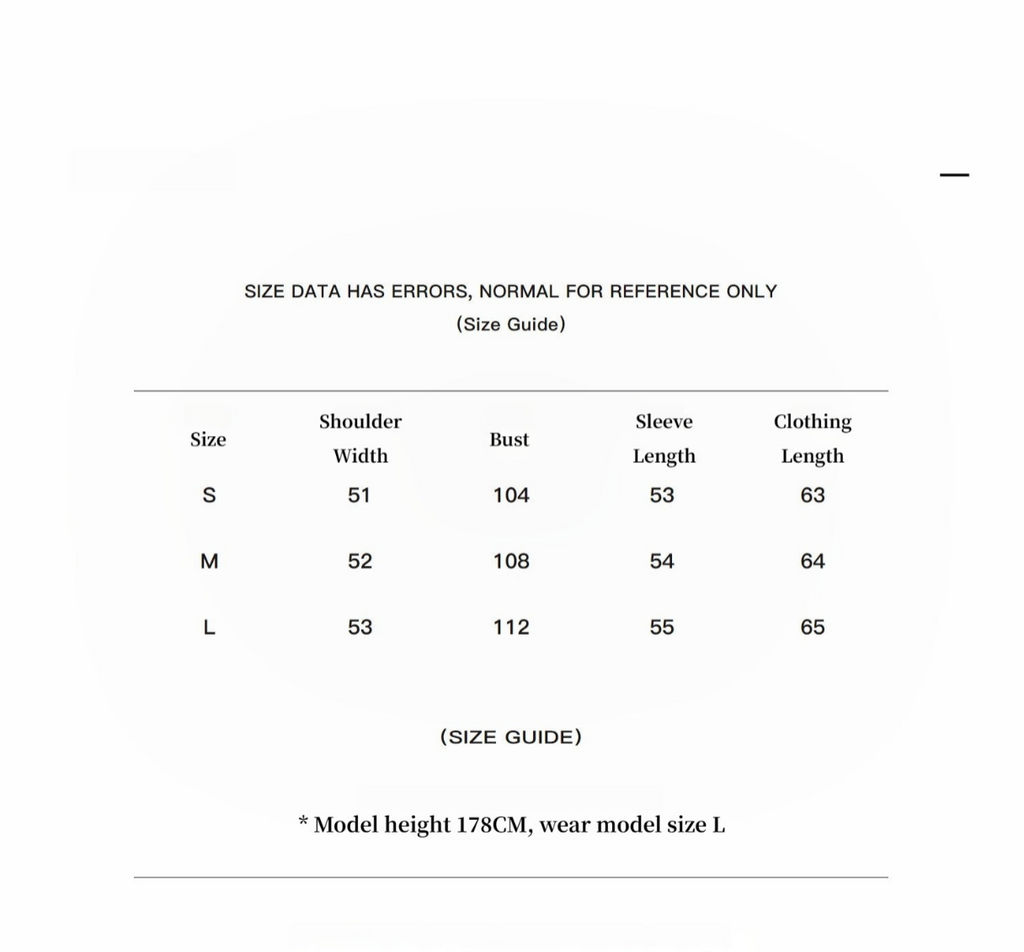 Size guide chart for clothing with shoulder width, bust, sleeve length, and clothing length measurements.