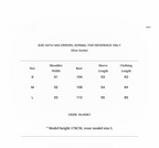 Size guide chart for clothing with shoulder width, bust, sleeve length, and clothing length measurements.