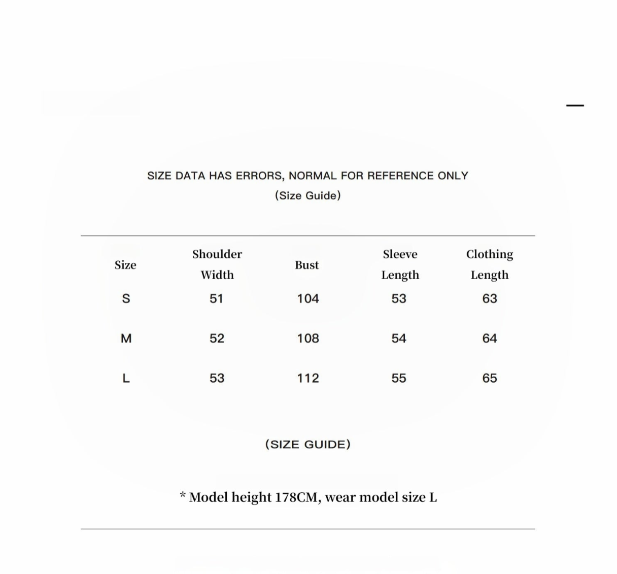 Size guide chart for clothing with shoulder width, bust, sleeve length, and clothing length measurements.