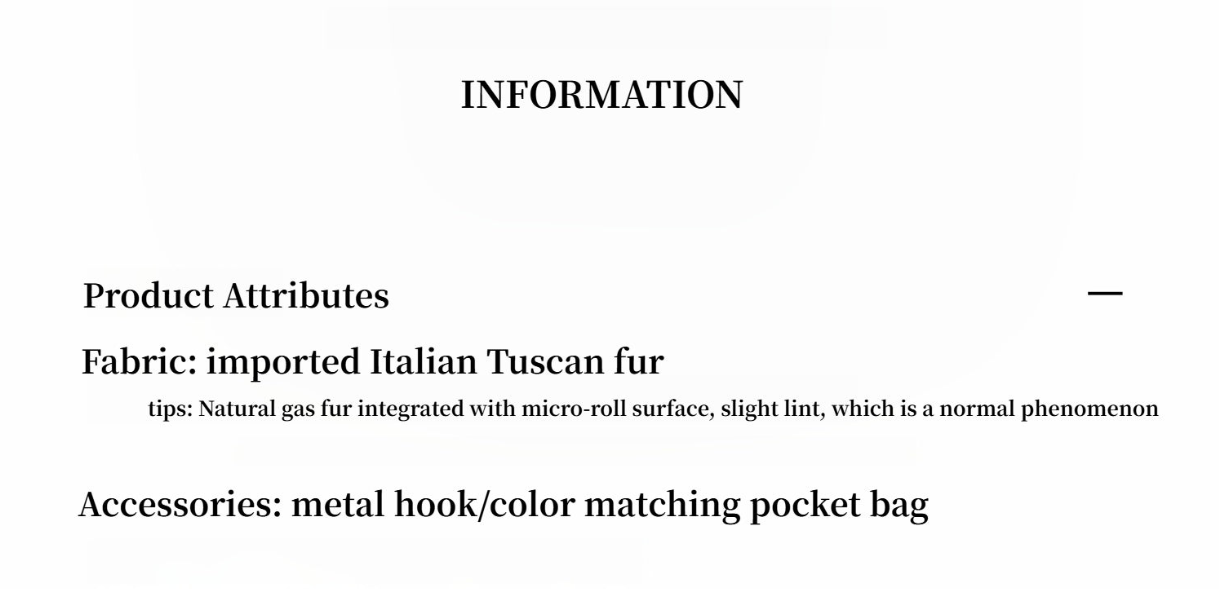 Text information about product attributes on a white background