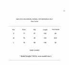 Size guide chart with waist, hip, length, and foot mouth measurements for sizes S, M, and L.