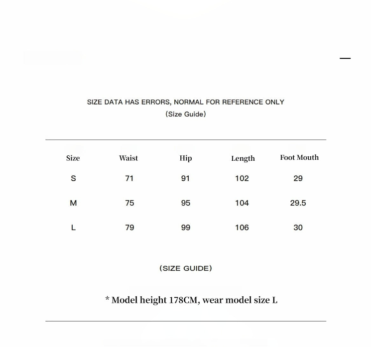 Size guide chart with waist, hip, length, and foot mouth measurements for sizes S, M, and L.