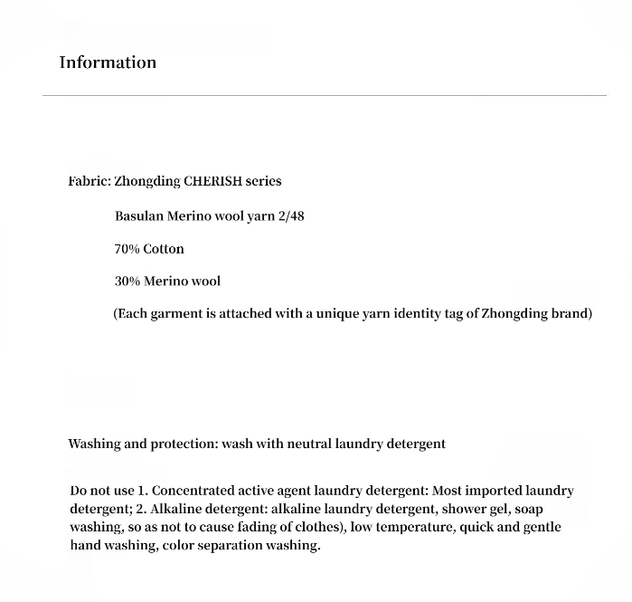 Text describing fabric composition and washing instructions for a garment series.