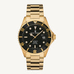 Revue Thommen Diver men’s automatic watch with black dial, gold-tone stainless steel strap, luminous hands, and 300m water resistance, Swiss made.