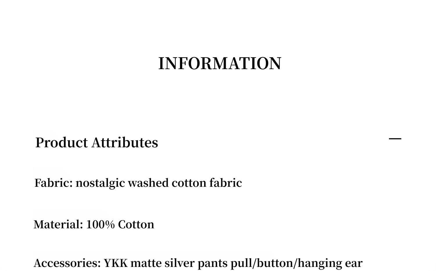 Text information card with product attributes on a white background
