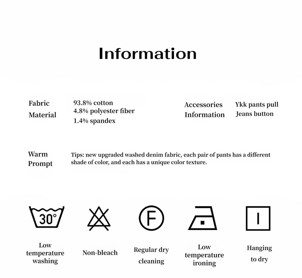 Textual information and symbols related to fabric material, accessories, and care instructions on a white background.