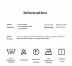 Textual information and symbols related to fabric material, accessories, and care instructions on a white background.