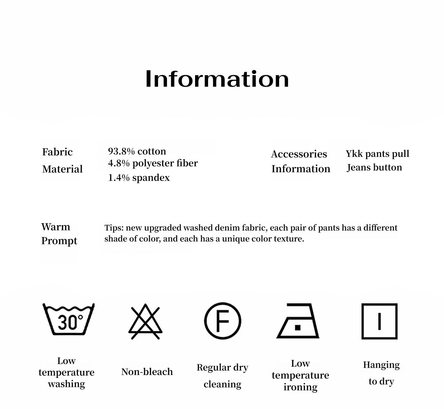 Textual information and symbols related to fabric material, accessories, and care instructions on a white background.