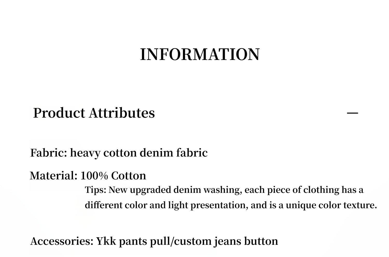 Product information card with fabric, material, and accessory details on a white background