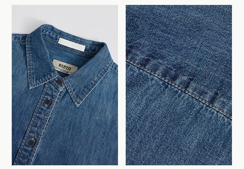 Blue denim shirt with a close-up of the fabric texture on a white background