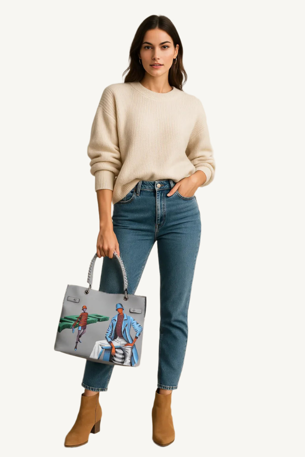 Front hand-painted handbag with beige cotton logoed interior, three functional pockets, central internal zip closure, nickel-colored hooks and zippers, woven handle, and gray-blue shoulder strap.