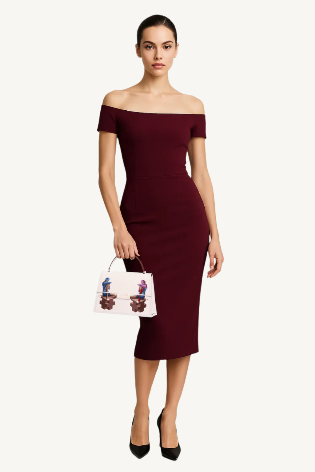 Woman wearing a burgundy off-shoulder dress holding a white handbag with floral design on a plain background