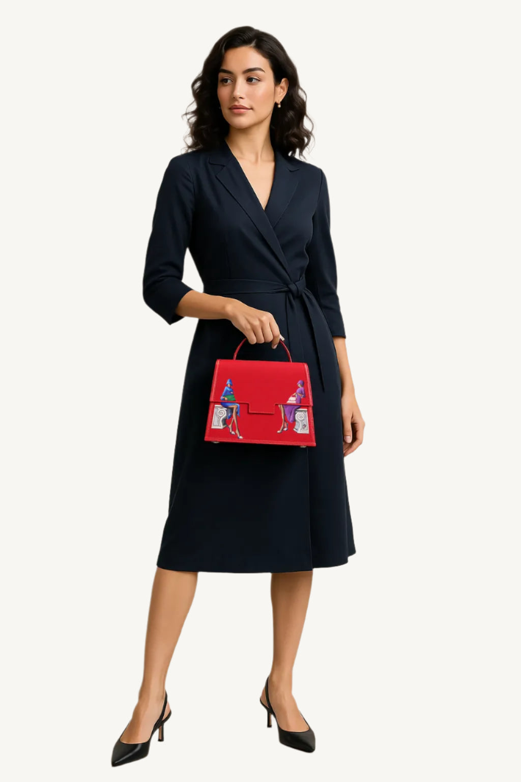 Woman in a navy dress holding a red handbag with a white background