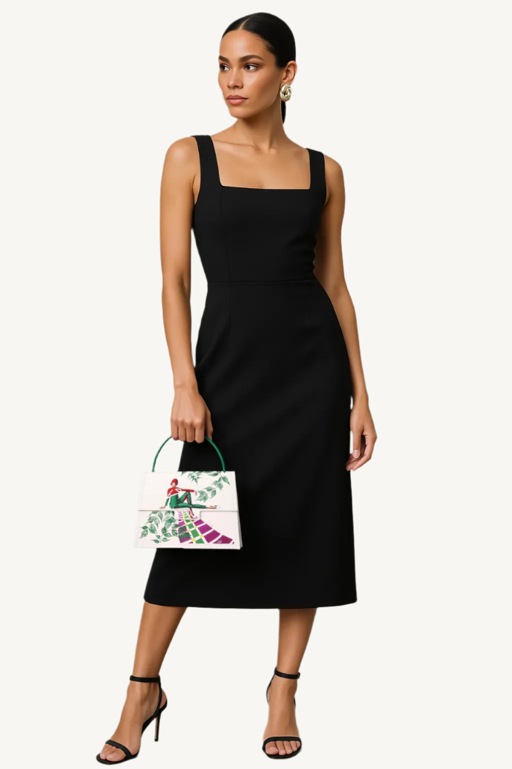 Woman in a black dress holding a white handbag with floral design against a gray background