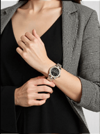 Versace VE2J00721 New Lady ladies watch with gold-tone polished stainless steel case and bracelet, black dial, and anti-reflective sapphire glass – elegant Swiss-made timepiece.