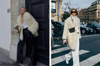 Two images of a person wearing a white fur coat in urban settings.
