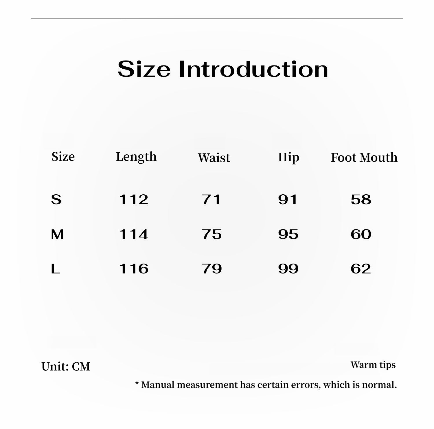 Size introduction chart with measurements in centimeters for S, M, and L sizes.