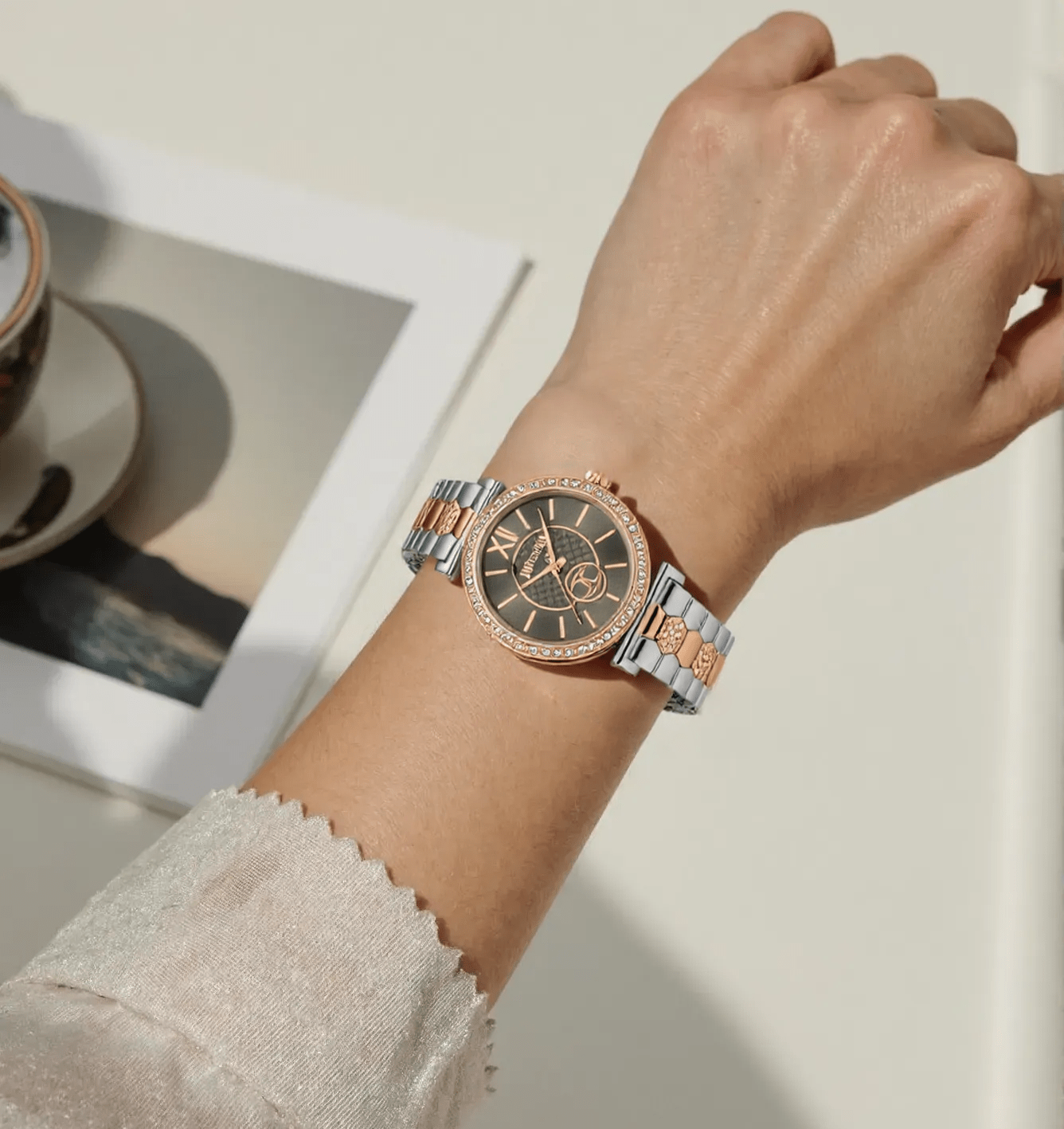 Just Cavalli Varenna Set JC1L273M0095 ladies watch with polished silver and rose gold stainless steel case and strap, grey dial, stone-set bezel, and gift box.