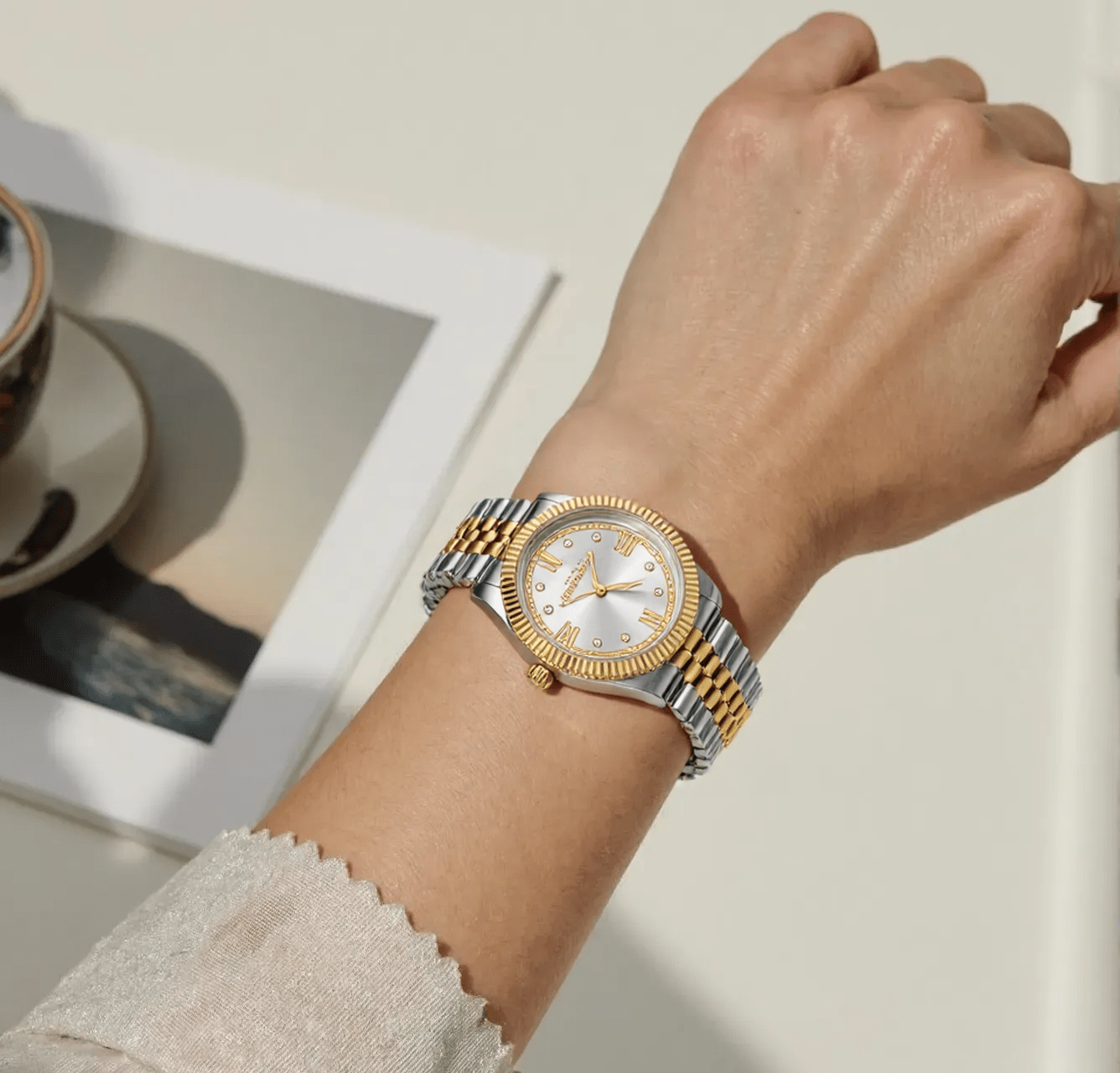 "Just Cavalli silver and gold ladies watch with silver dial and stone accents, stainless steel strap, Valentine’s gift set"