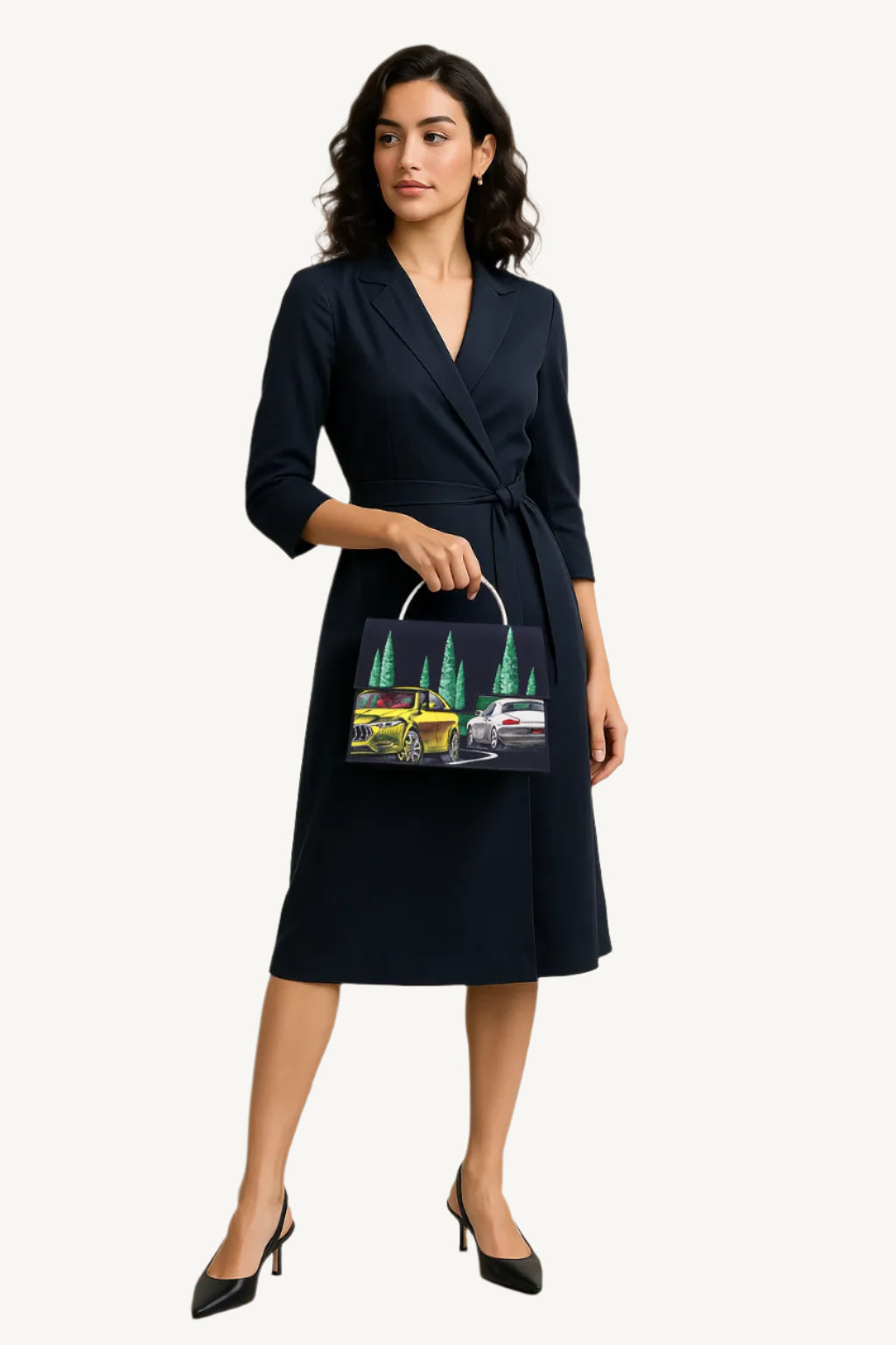 Woman in a navy wrap dress holding a handbag with a scenic design on a plain background