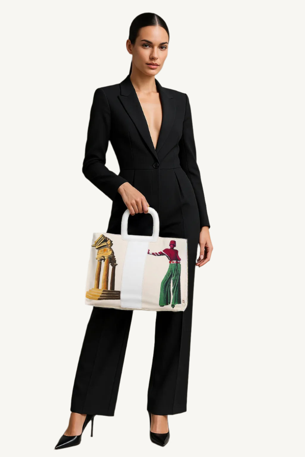 Artistic handbag hand-painted on both front and back, featuring a red cotton logoed interior with three functional pockets, central zip compartment, nickel-colored hardware, white leather handle, and a matching leather and hand-painted canvas shoulder strap echoing the main artwork, secured with double magnetic button closure.