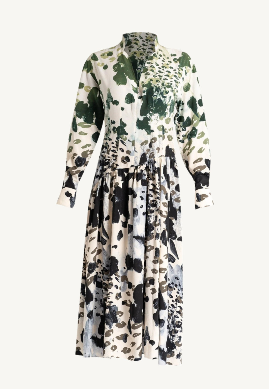 "Agnese Leopard Maxi Dress with ombré leopard print, Split V-neckline, waist-accentuating draping, and buttoned cuffs, crafted in Italy from natural viscose."