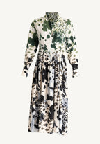 "Agnese Leopard Maxi Dress with ombré leopard print, Split V-neckline, waist-accentuating draping, and buttoned cuffs, crafted in Italy from natural viscose."