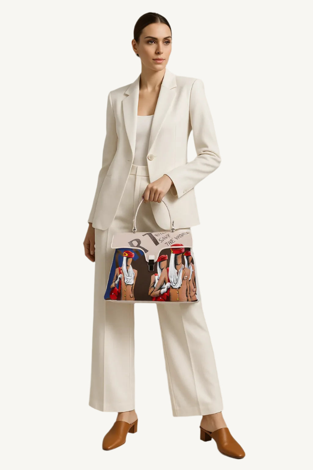 Front hand-painted handbag with red cotton logoed interior, three functional pockets, central zip compartment, nickel-colored hooks, clasps, and zippers, white leather handle, and matching white leather and canvas shoulder strap reflecting the main artwork’s theme, secured with snap closure.