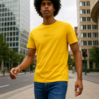 Person wearing a yellow t-shirt with text in an urban setting