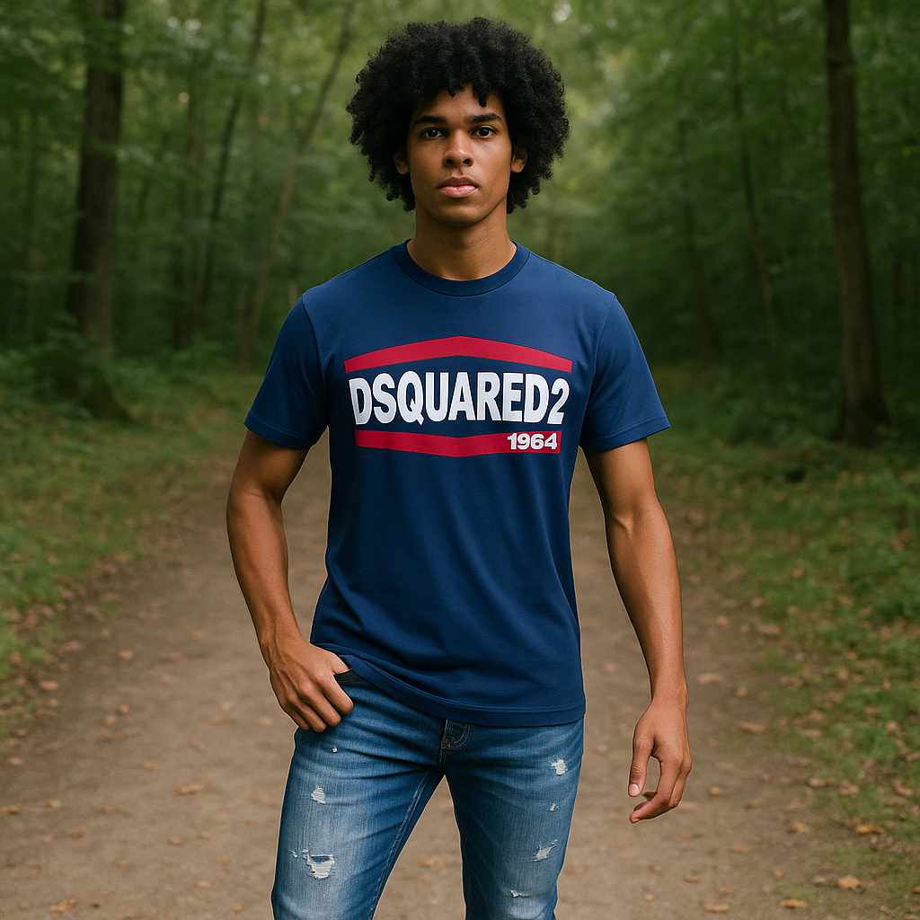 Person wearing a Dsquared2 t-shirt in a forest setting