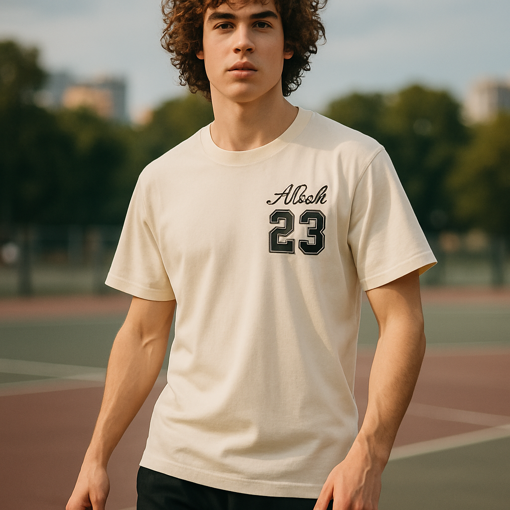 Person wearing a beige t-shirt with 'Alessi 23' on a sports field
